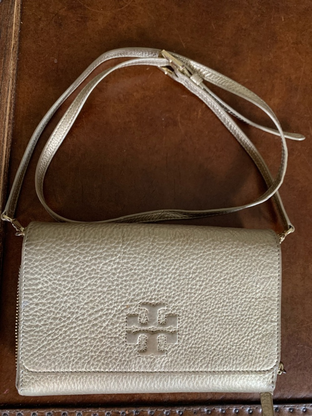 Tory Burch Metallic Gold Pebbled Leather Flap Crossbody